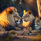 Pride of lions with males, cubs relax in golden light