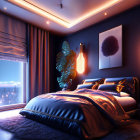 Modern Bedroom at Night with Purple Ambient Lighting and City View