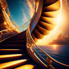 Luxurious golden spiral staircase against sunset ocean backdrop