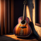 Acoustic guitar by sunlit window with dark curtain