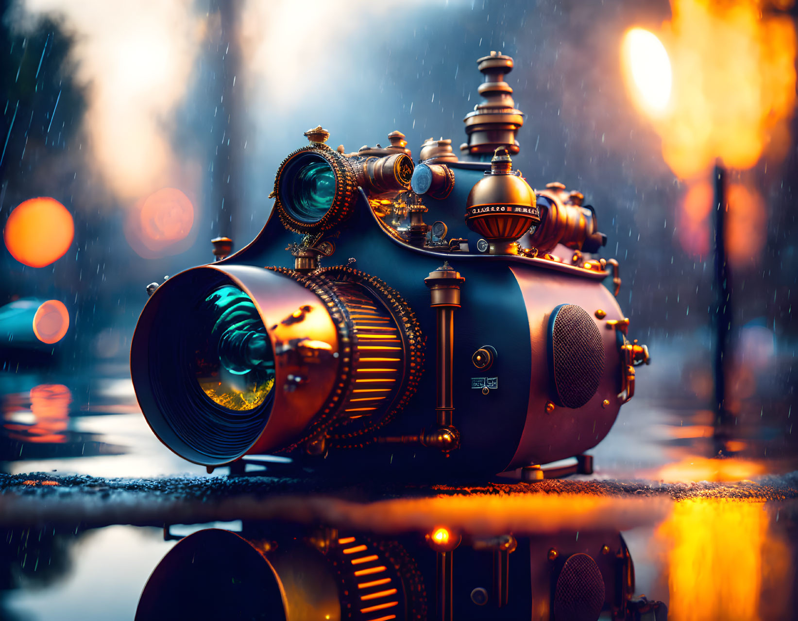 Intricate steampunk-style camera on wet surface with warm lights