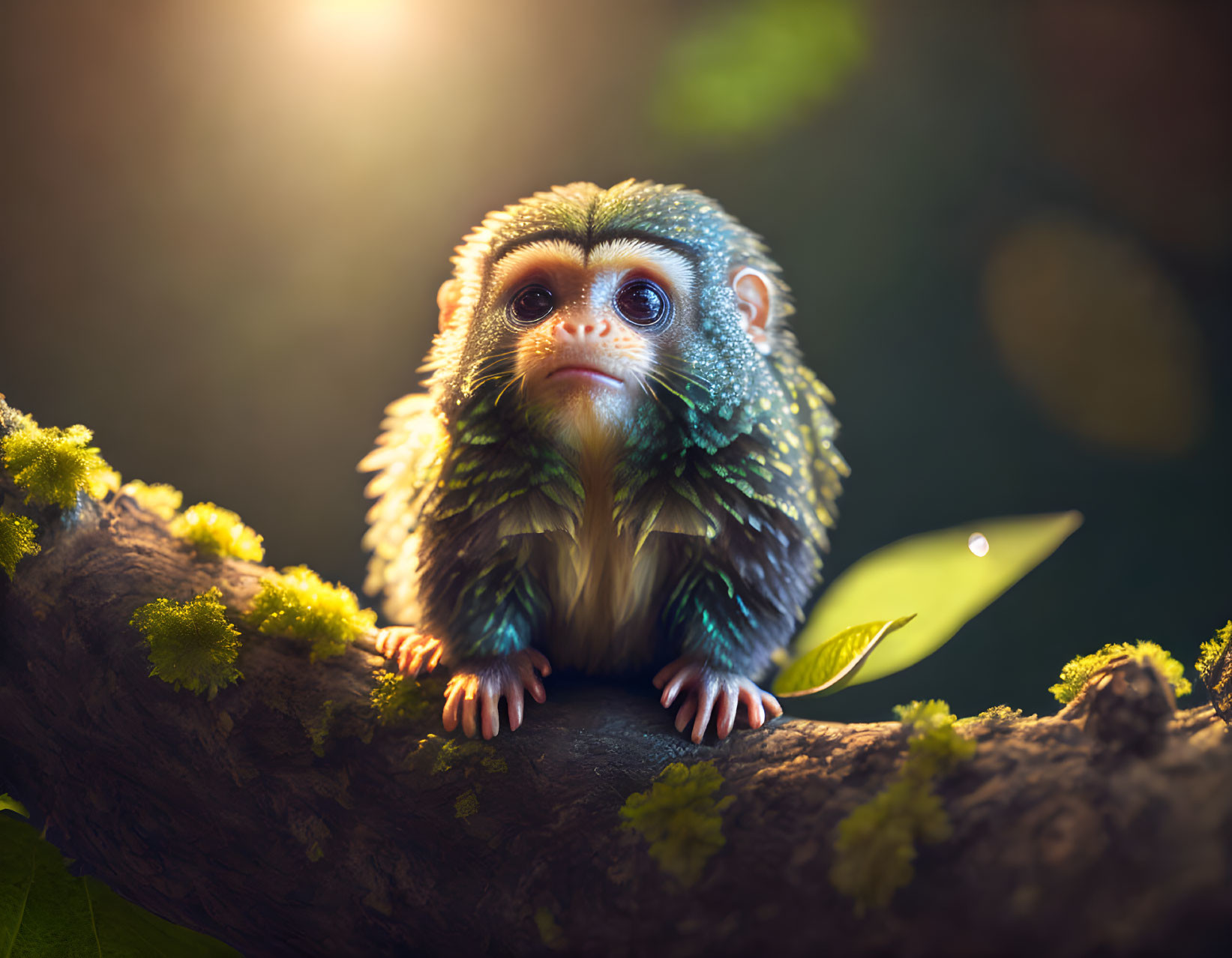 Fantastical monkey-plant creature on branch in mystical forest