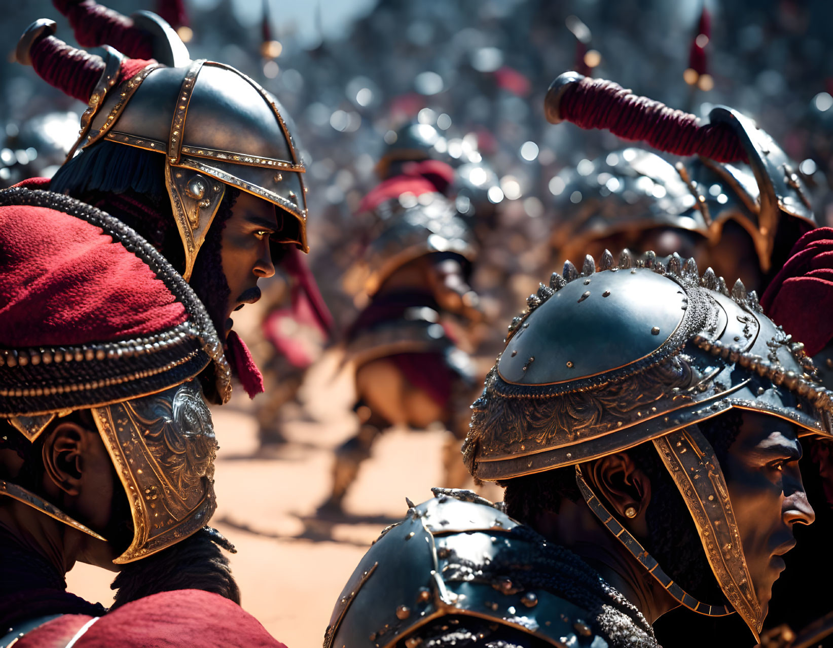 Ornate armored soldiers with plumed helmets in battle preparation