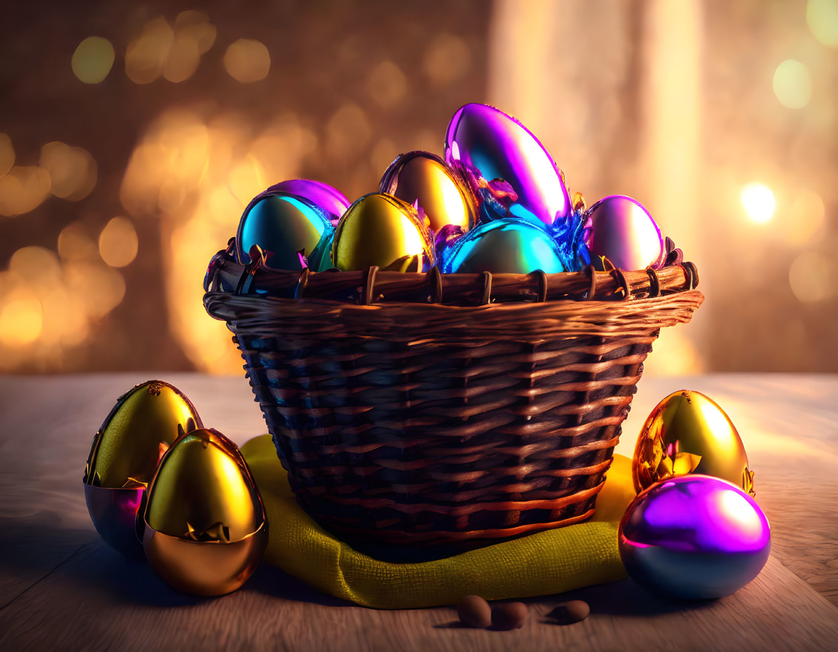 Colorful Metallic Easter Eggs in Wicker Basket on Wooden Surface