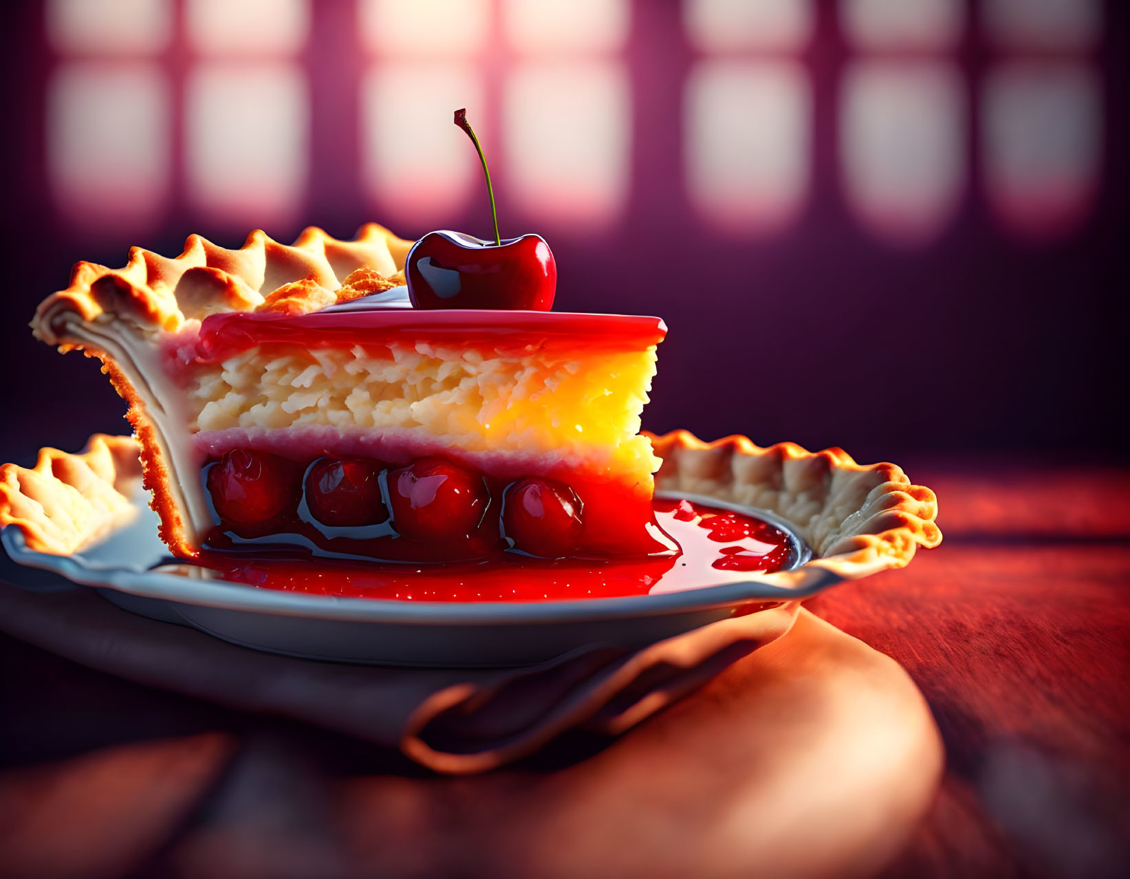 Cherry pie slice with flaky crust and red filling on white plate