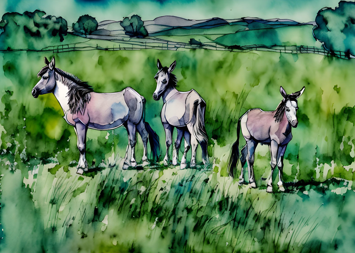 Illustrated horses in watercolor field scene.