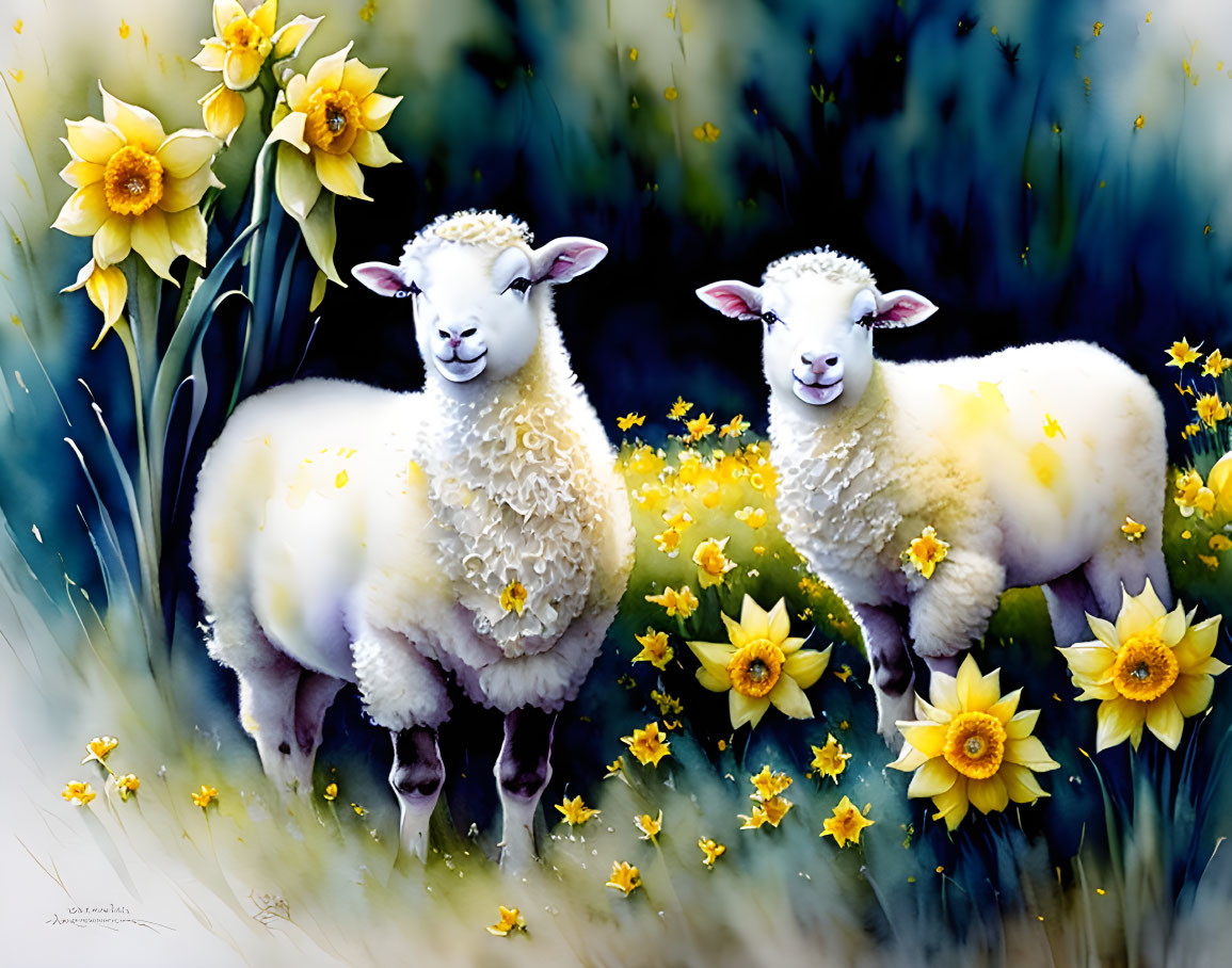 Smiling sheep in yellow daffodil field on blue background