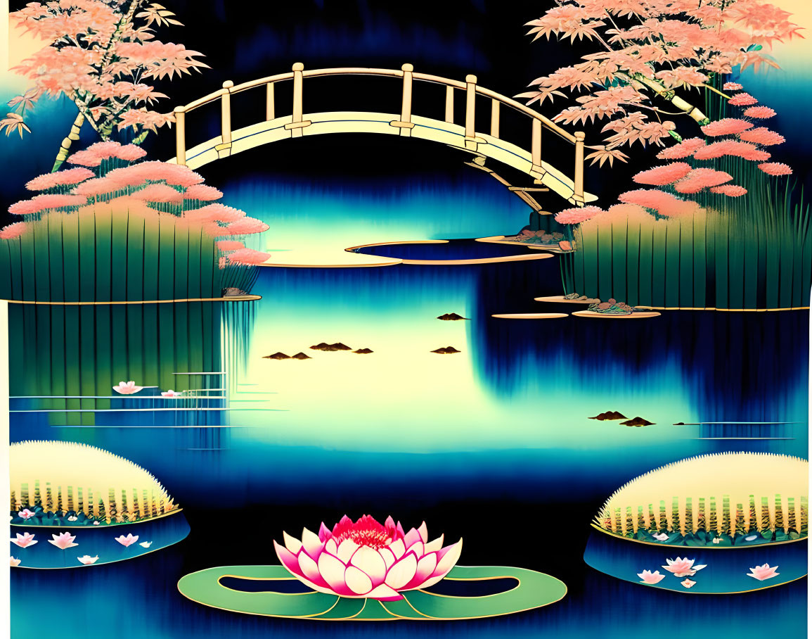 Serene cherry blossom digital artwork with arched bridge & lotus flowers