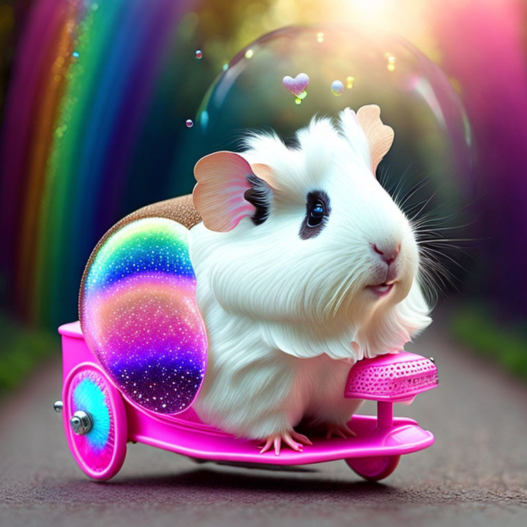 Colorful guinea pig artwork on pink scooter with bubbles and hearts in vibrant setting