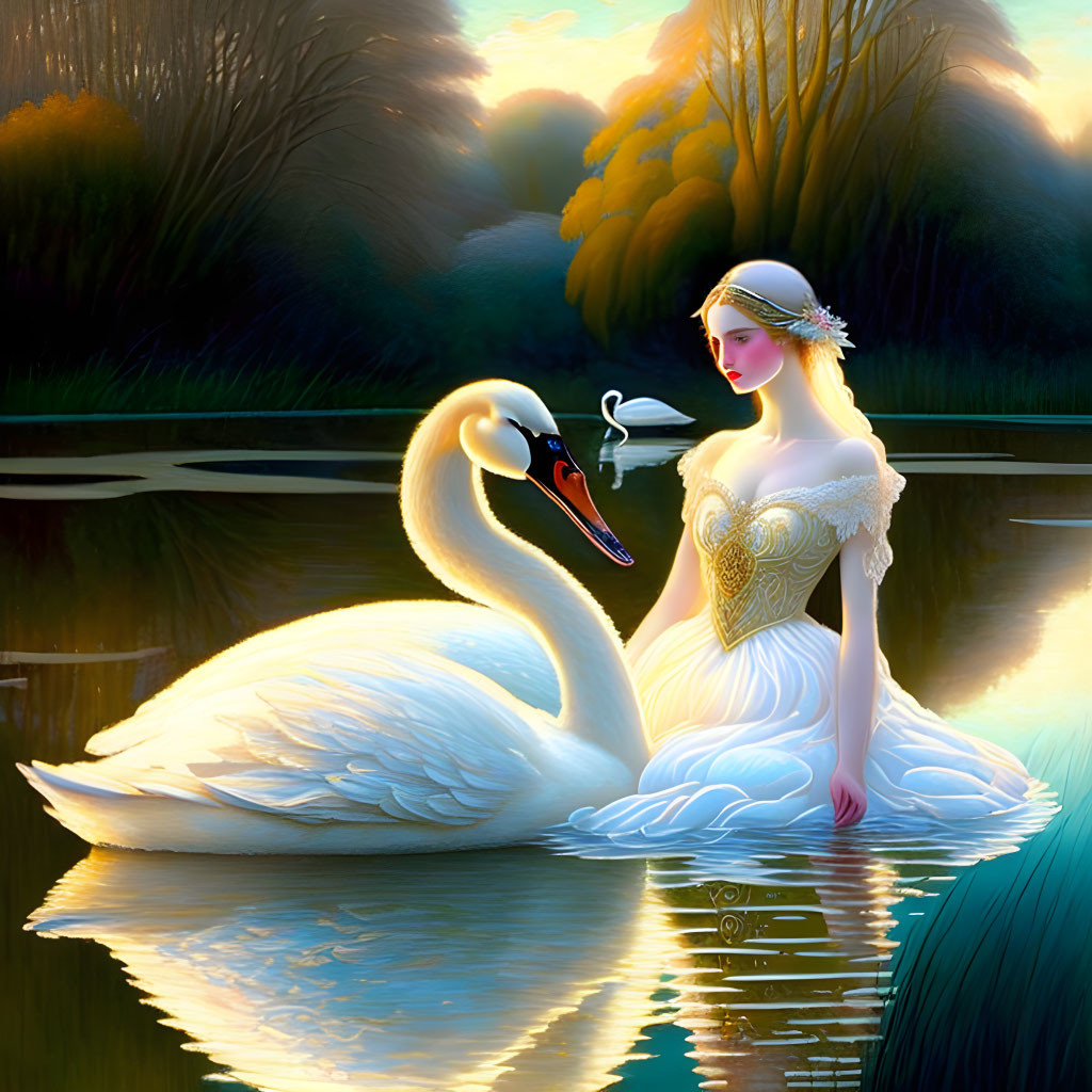 Digital illustration: Woman in white dress with swan by serene lake at sunset