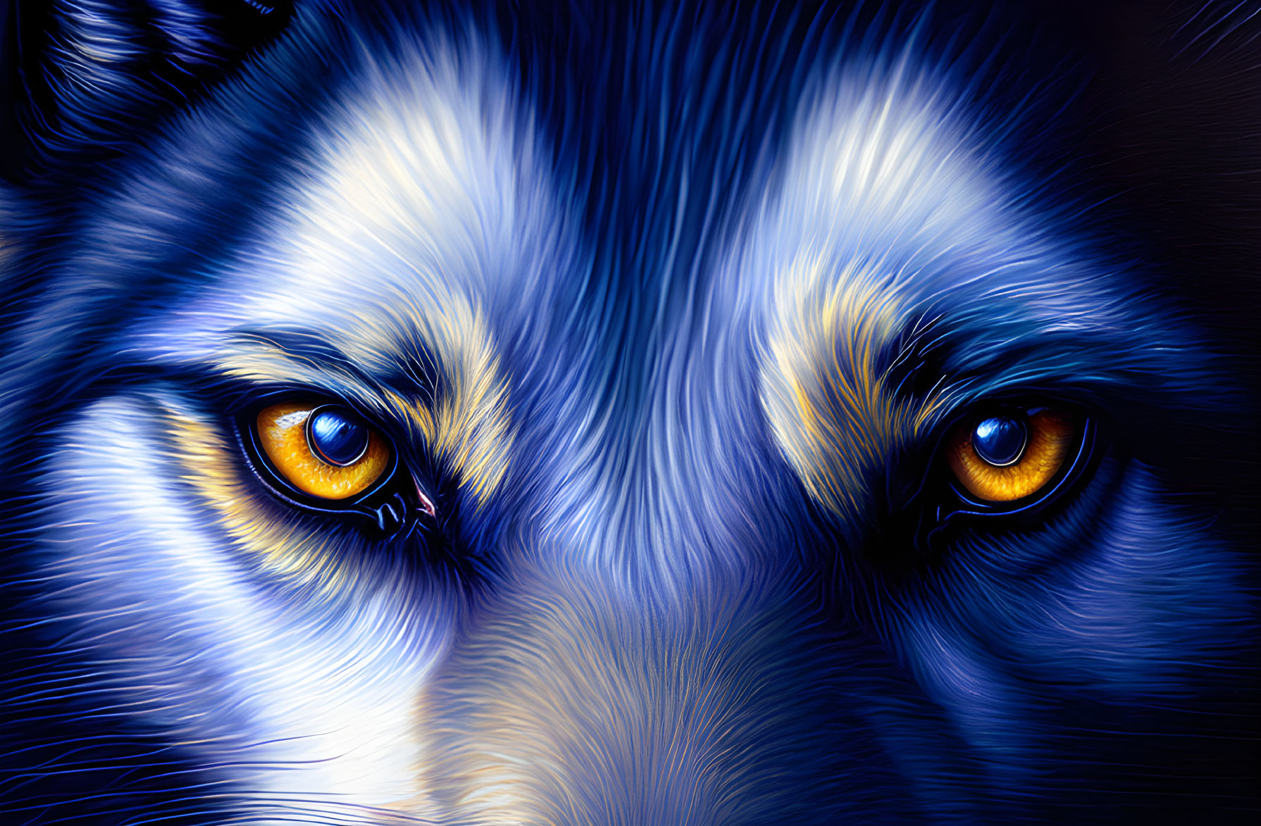 Close-up Wolf Face Artwork with Intense Blue and Gold Tones