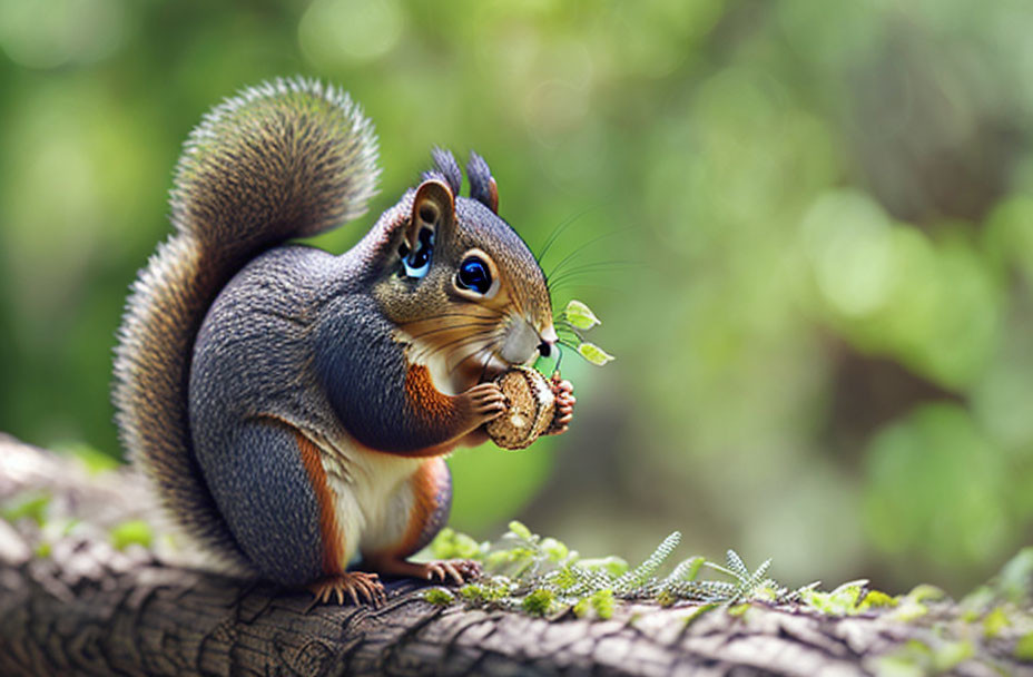 Squirrel on branch in green forest nibbling food with bushy tail.