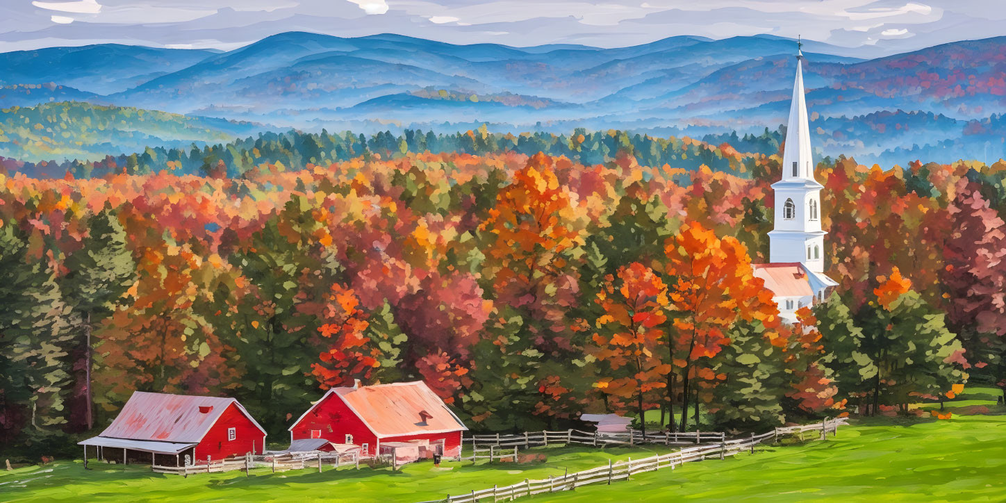 Autumn landscape with white steeple church, red barns, colorful trees