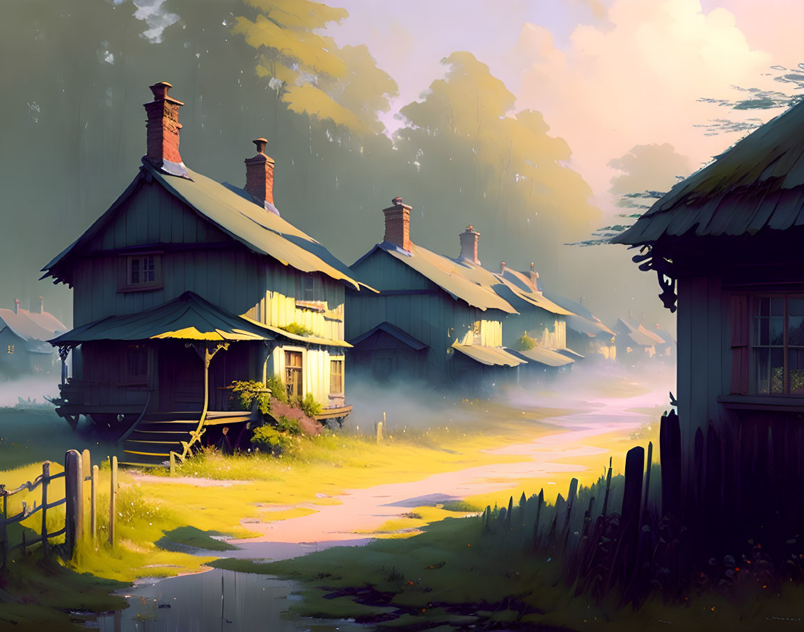 Misty village houses with glowing windows in serene twilight