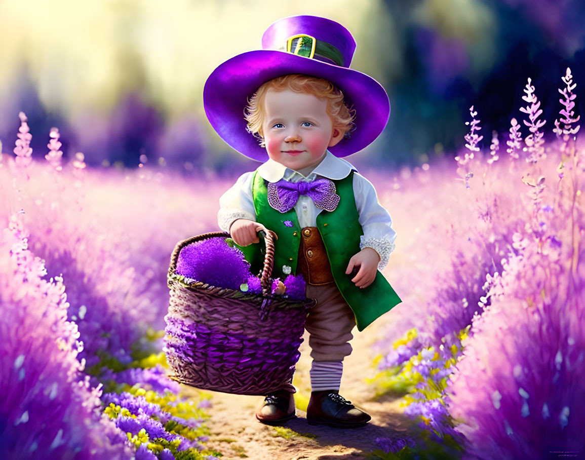 Toddler in Green Vest with Purple Hat Surrounded by Blooming Flowers