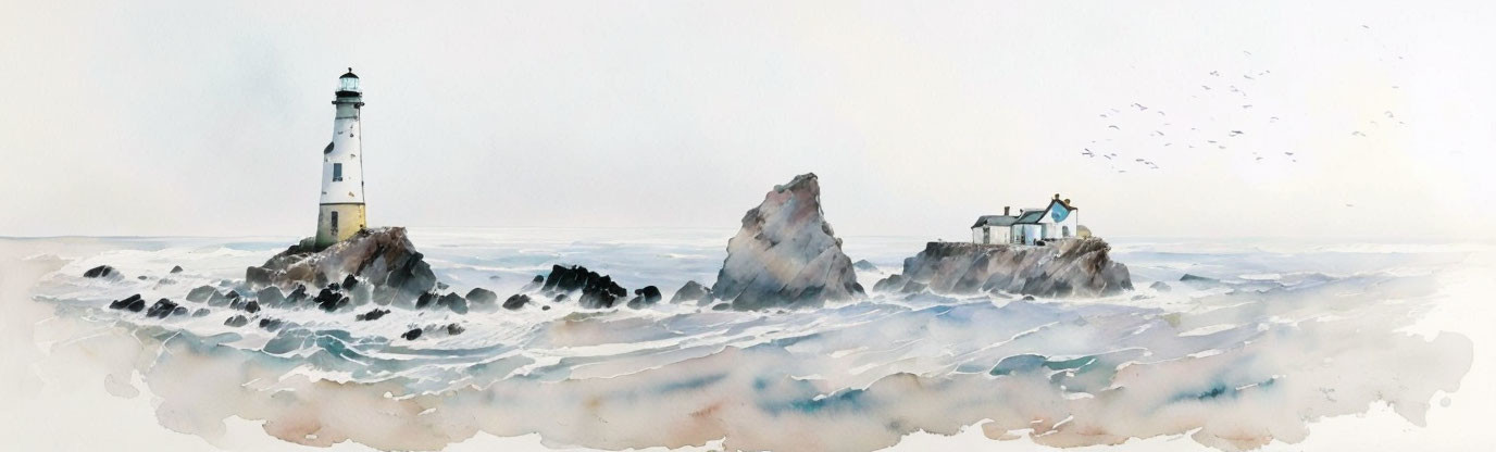 Panoramic watercolor: lighthouse on rocky outcrop with crashing waves & birds.