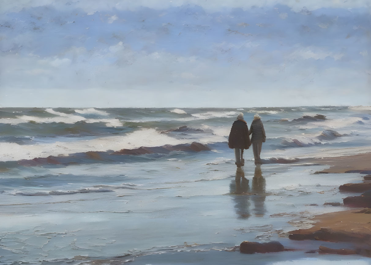 Two individuals on wet beach with turbulent sea and cloudy sky.