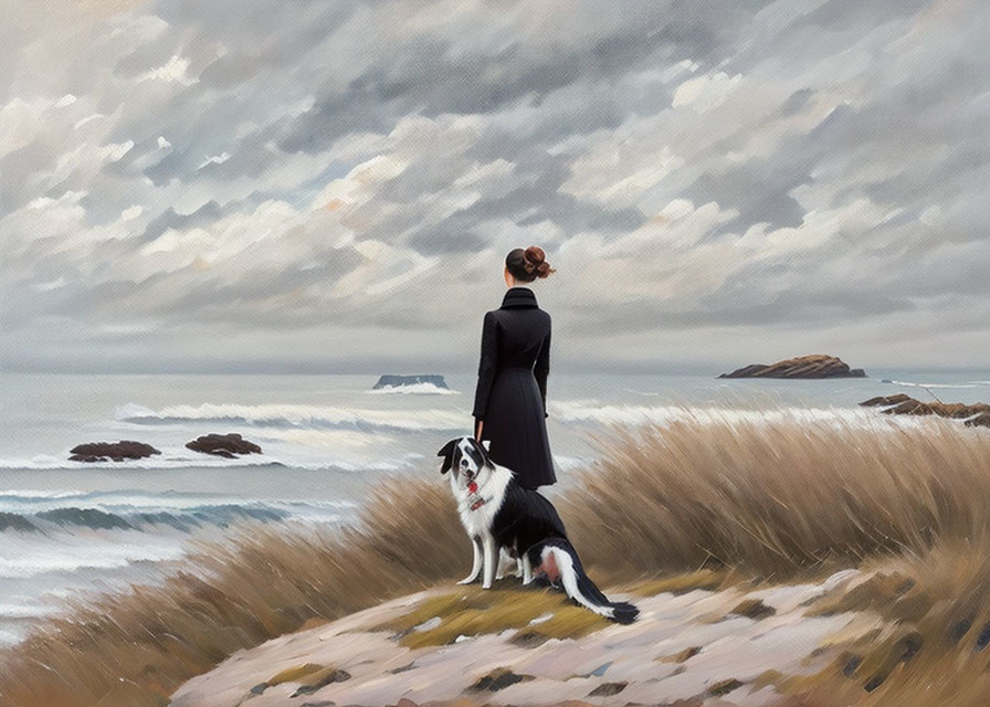 Woman with dog on grassy shore looking at sea under overcast skies