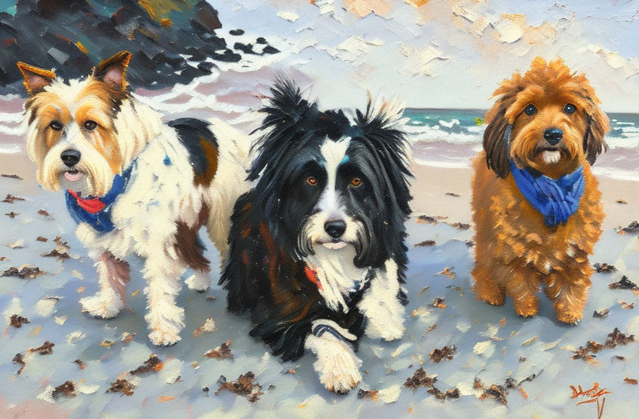 Three dogs wearing bandanas on a beach, featuring a white and tan, black and white, and