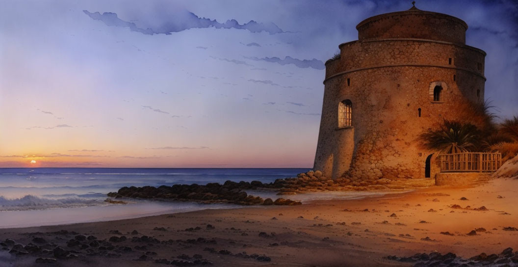 Serene beach sunset with historic stone tower by calm sea