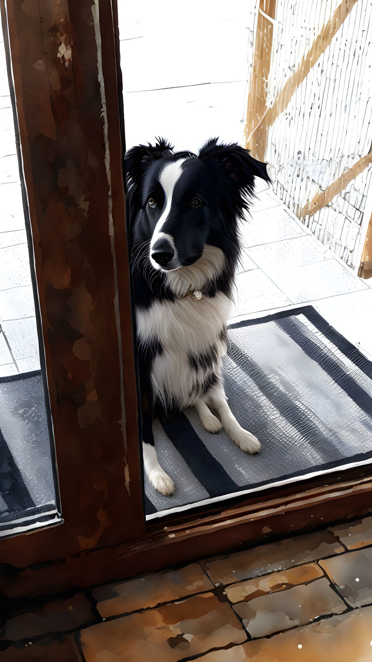 Black and white Border Collie on patterned mat near glass door in sunlight.