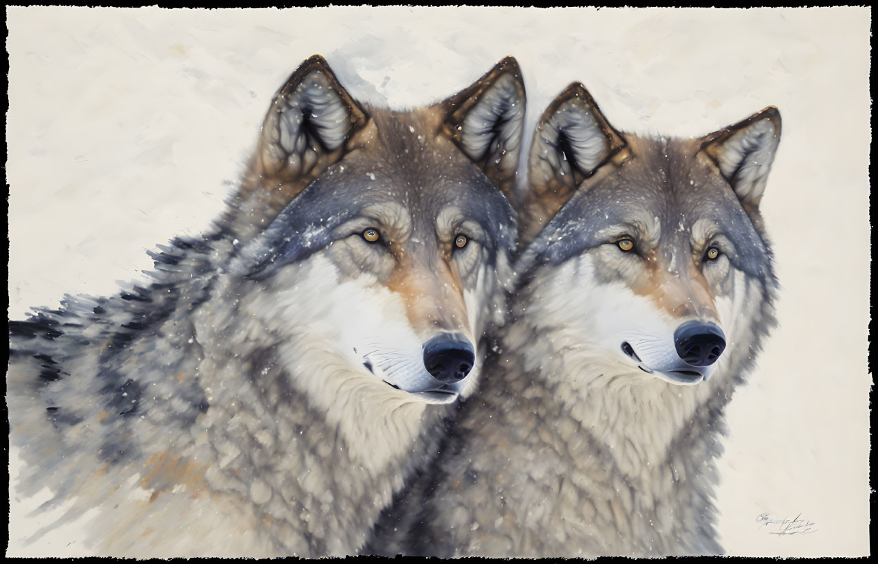 Two wolves with thick fur side by side on pale background