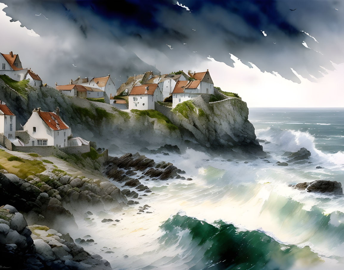 White Houses on Cliffs Overlooking Turbulent Seas Under Cloudy Sky