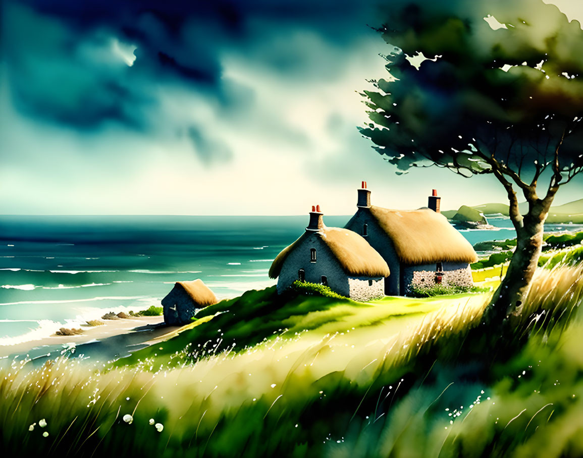 Thatched cottages by lush hills and blue sea