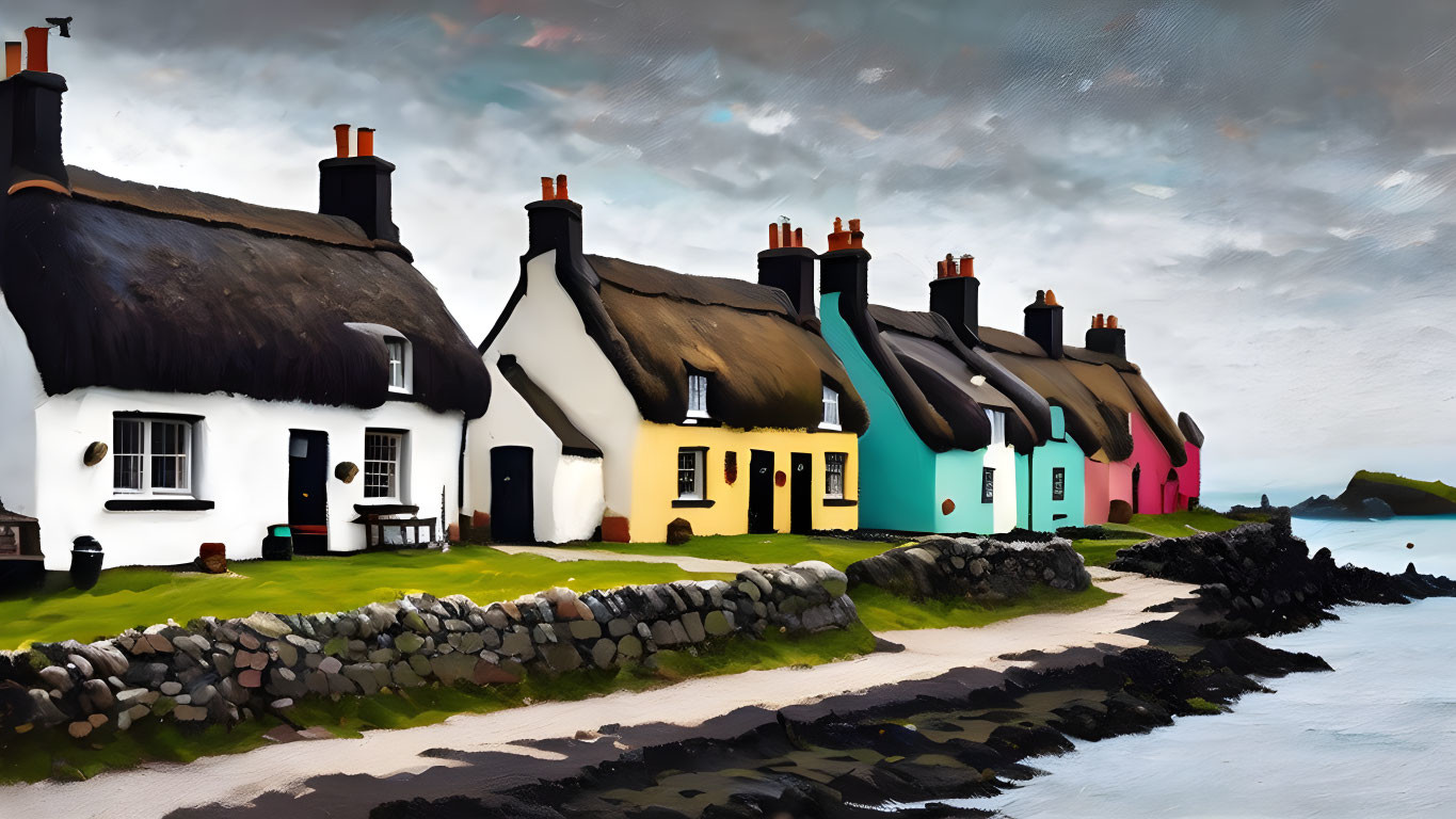 Irish thatched cottages by the sea