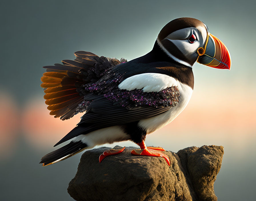 Colorful puffin perched on rock with spread wings