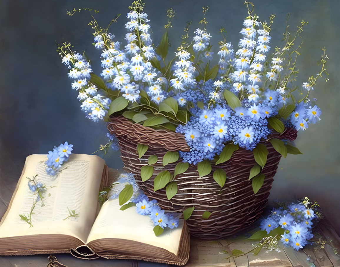 Wicker basket with white and blue flowers beside an open book and flower on pages