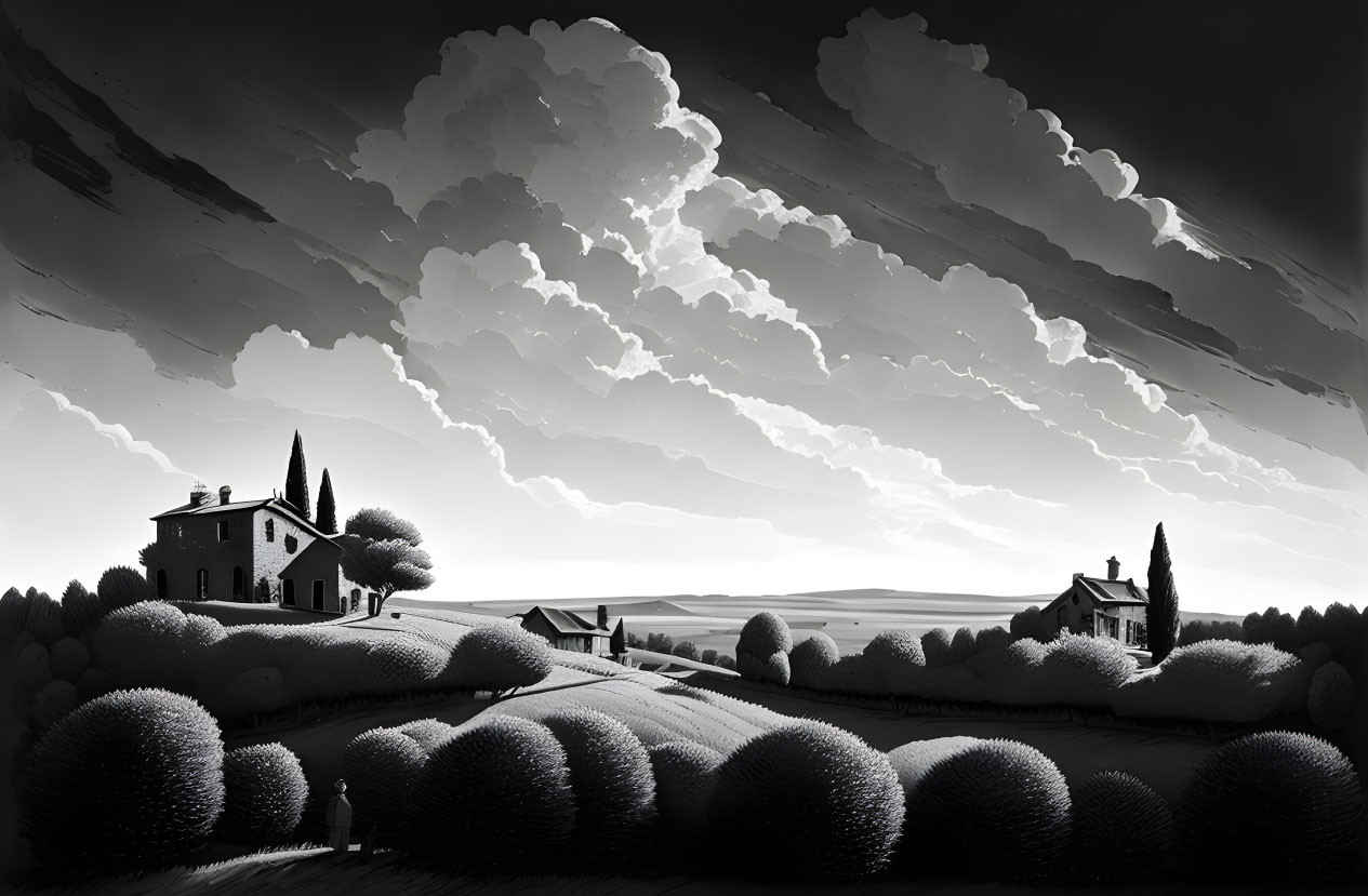 Monochrome landscape: rolling hills, houses, figure walking.