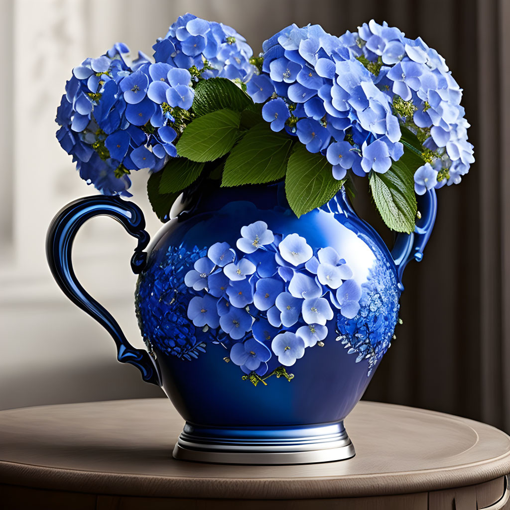 Blue ceramic pitcher with hydrangea blooms on wooden table