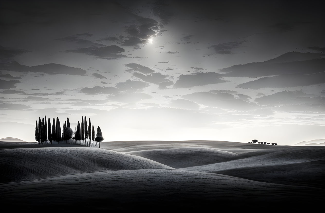 Moonlit monochromatic landscape with rolling hills and cypress trees.