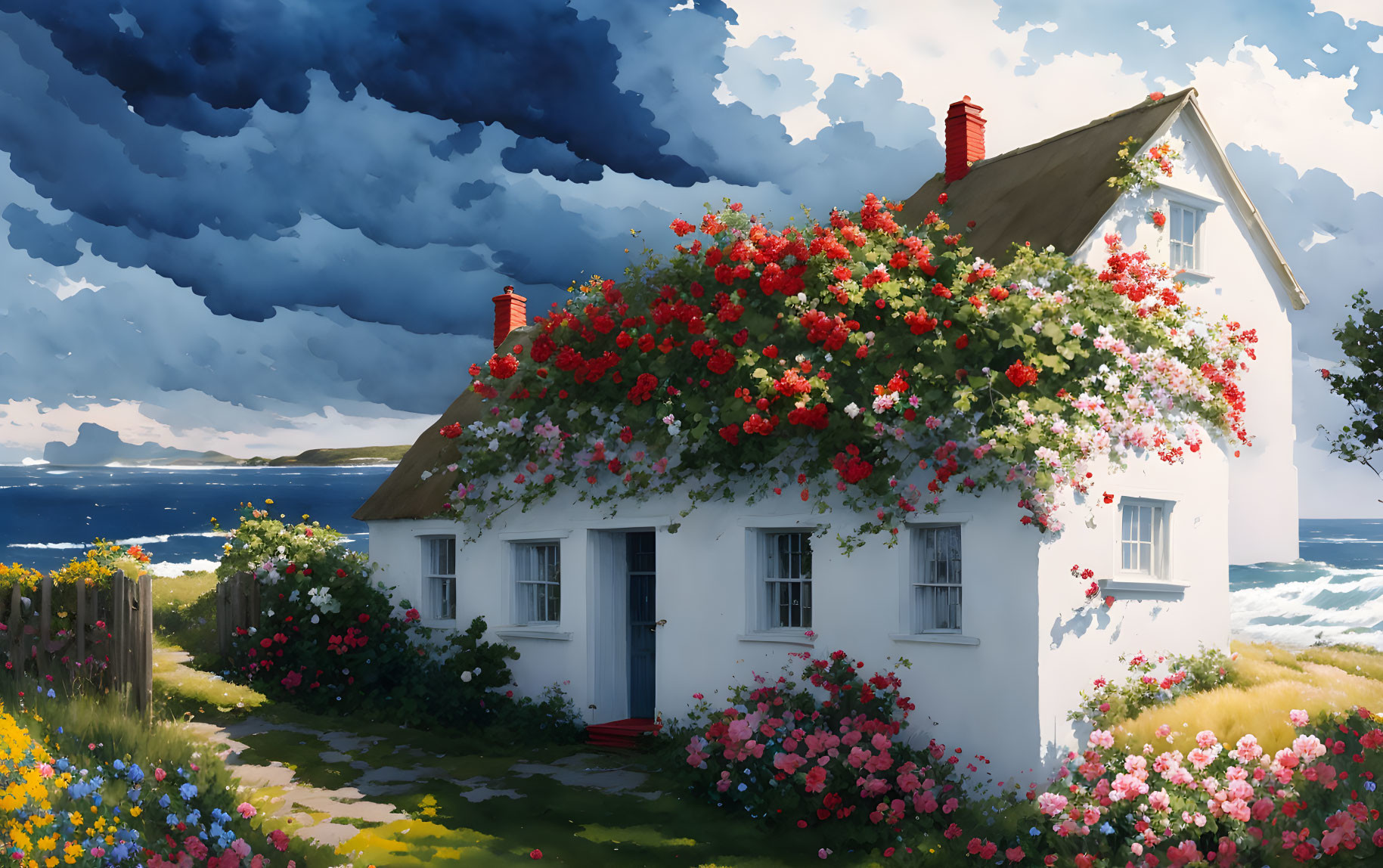 White house with red-tiled roof and blooming flowers by the sea under dramatic sky