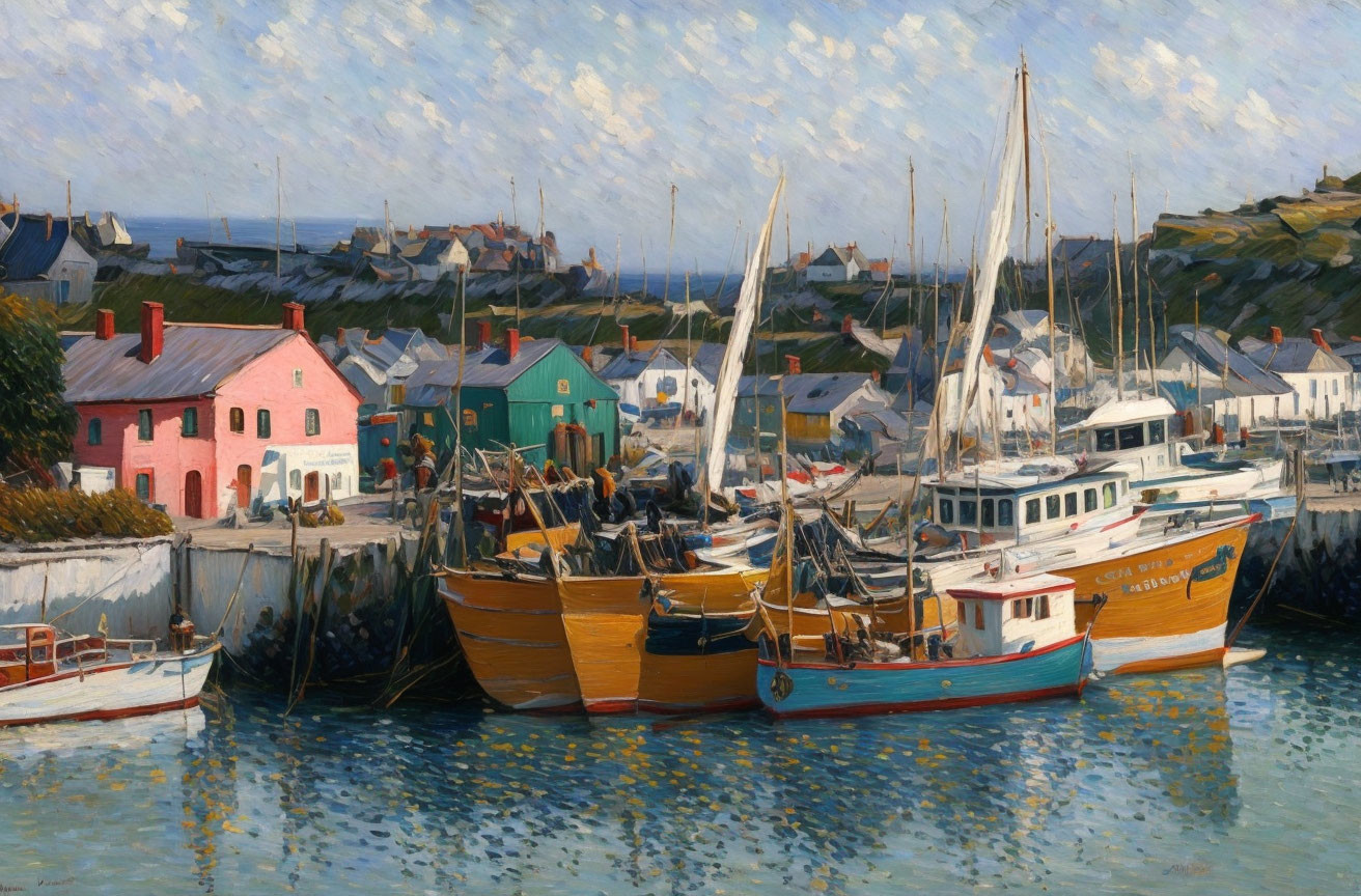 Tranquil harbor with moored boats and colorful buildings under blue sky