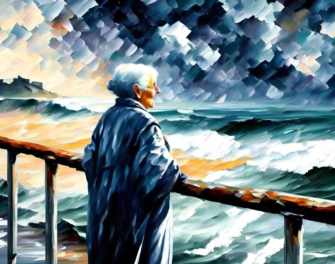 Elderly person in blue coat by railing, sea with turbulent waves, stormy sky - impression