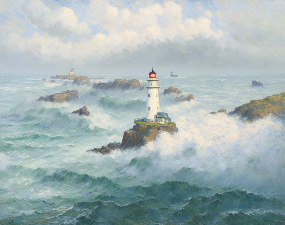 Coastal lighthouse scene with crashing waves and ship in cloudy sky