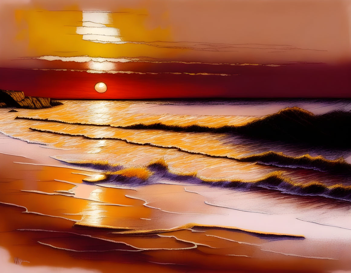 Sunset beach painting with reflective water and orange sky