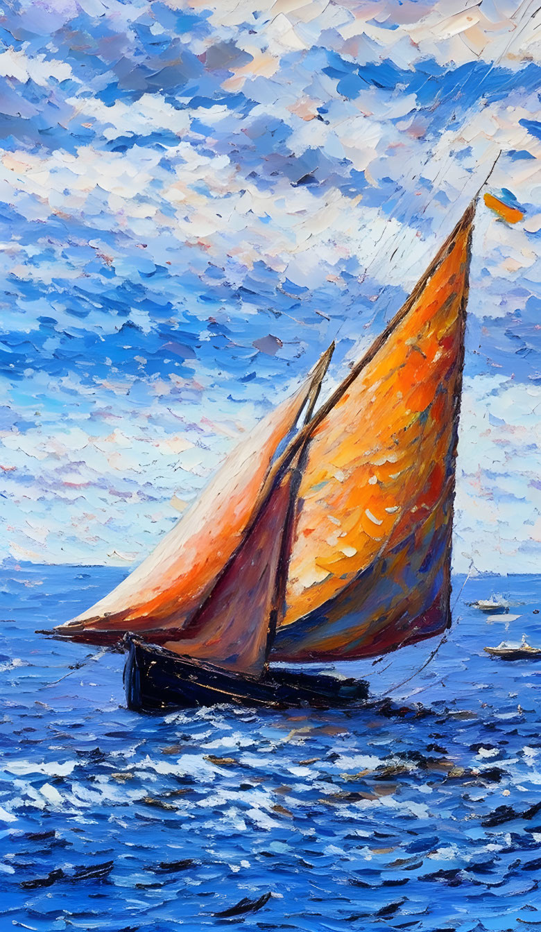 Impressionist style painting of orange sailboat on blue water