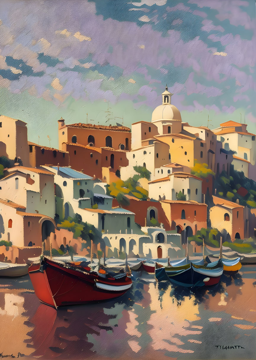 Coastal Mediterranean town painting: terracotta buildings, dome, boats, serene sky