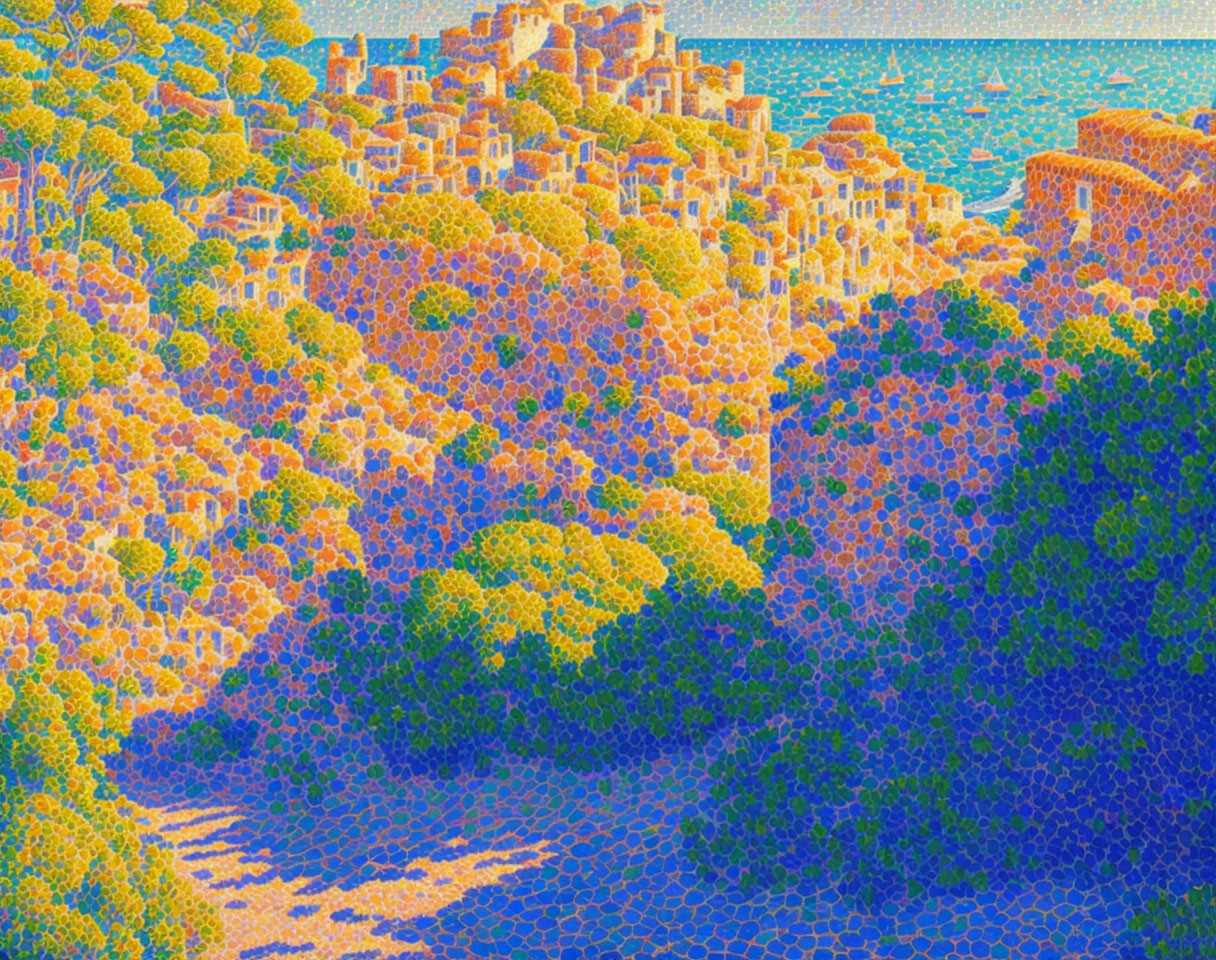 Vibrant pointillist landscape with clustered houses, lush trees, and blue sea