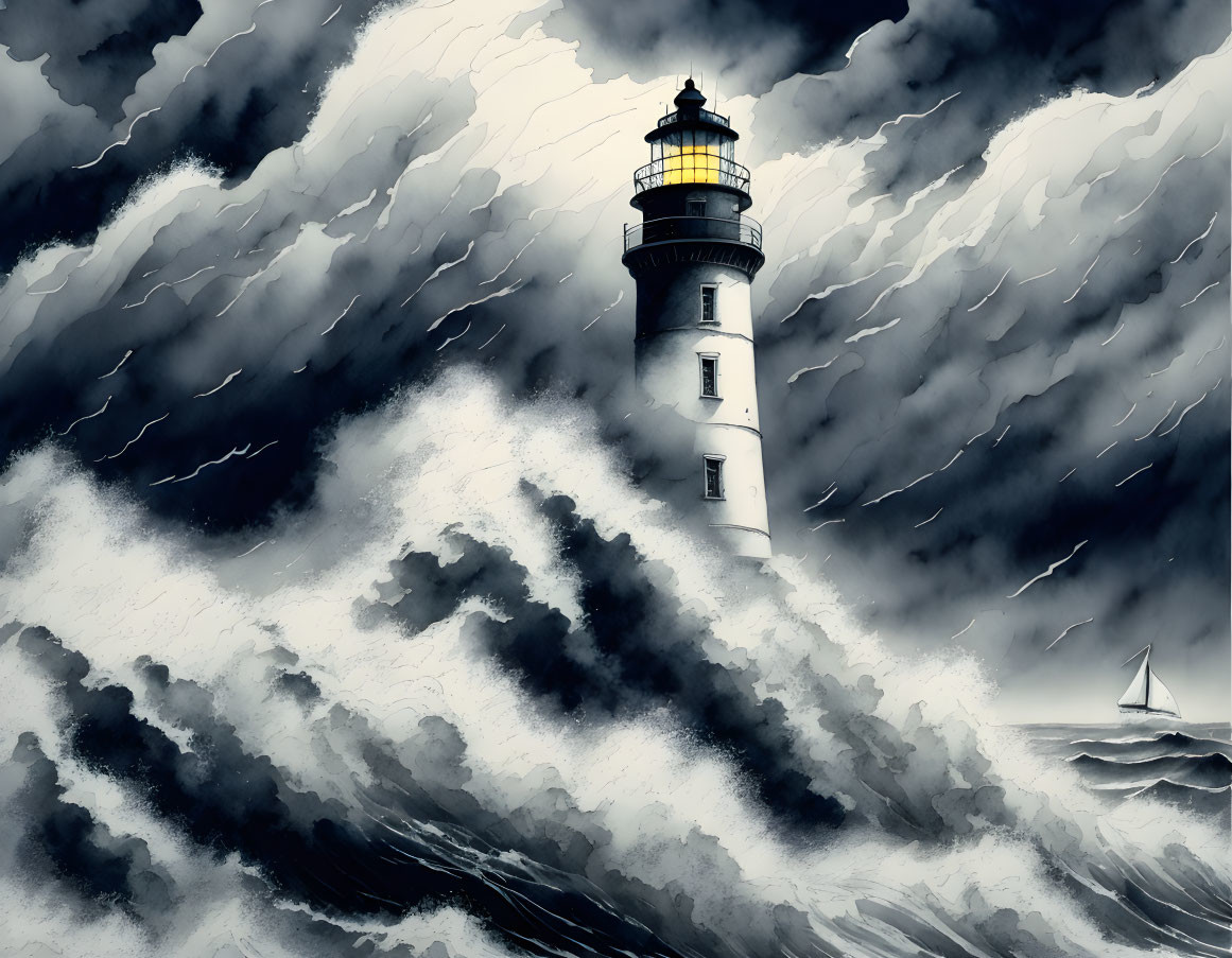 Monochromatic lighthouse illustration in stormy seas