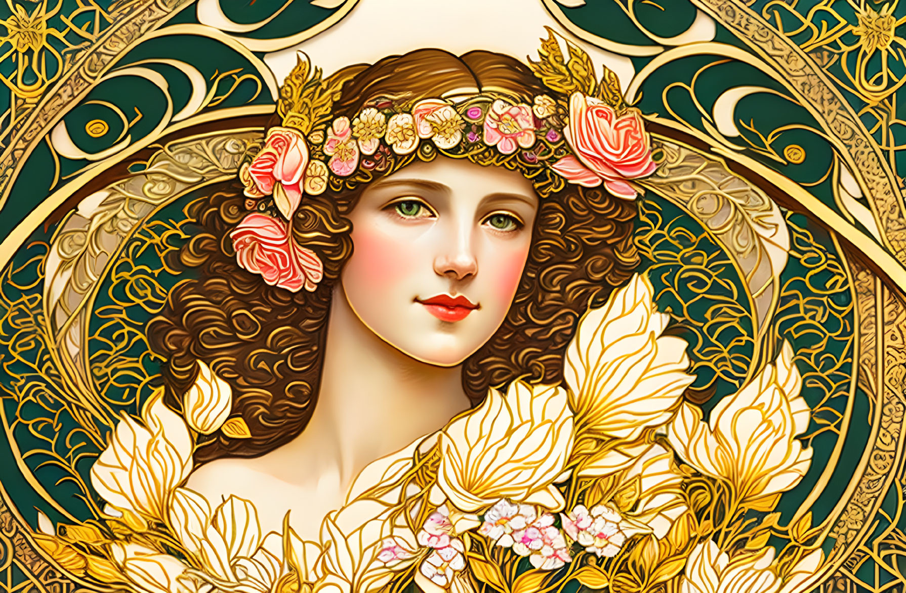 Art Nouveau-style woman with floral wreath and intricate nature patterns