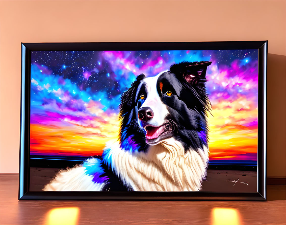 Border Collie Artwork with Cosmic Sunset Background on Shelf