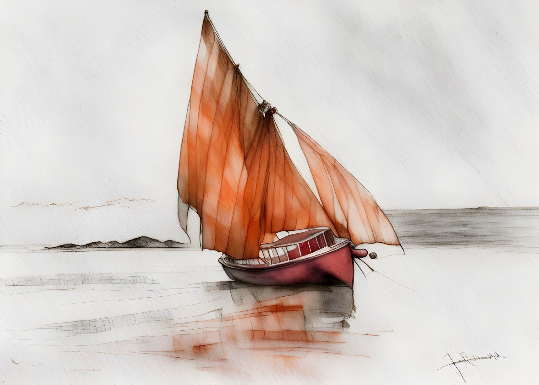 Sailboat Watercolor Illustration with Orange Sails on Calm Waters