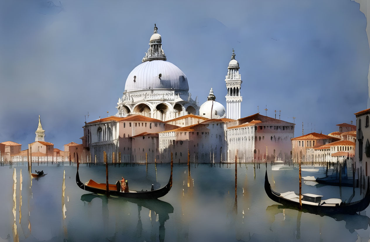 Venetian scene with gondolas on serene canal and Santa Maria della Salute dome.