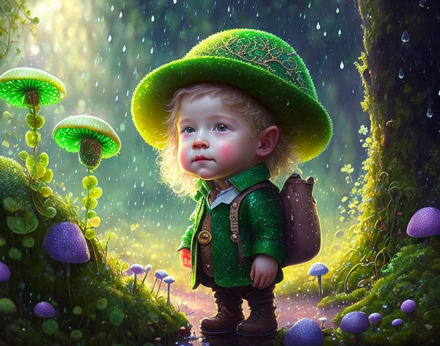 Illustration of child as forest explorer in enchanted woodland