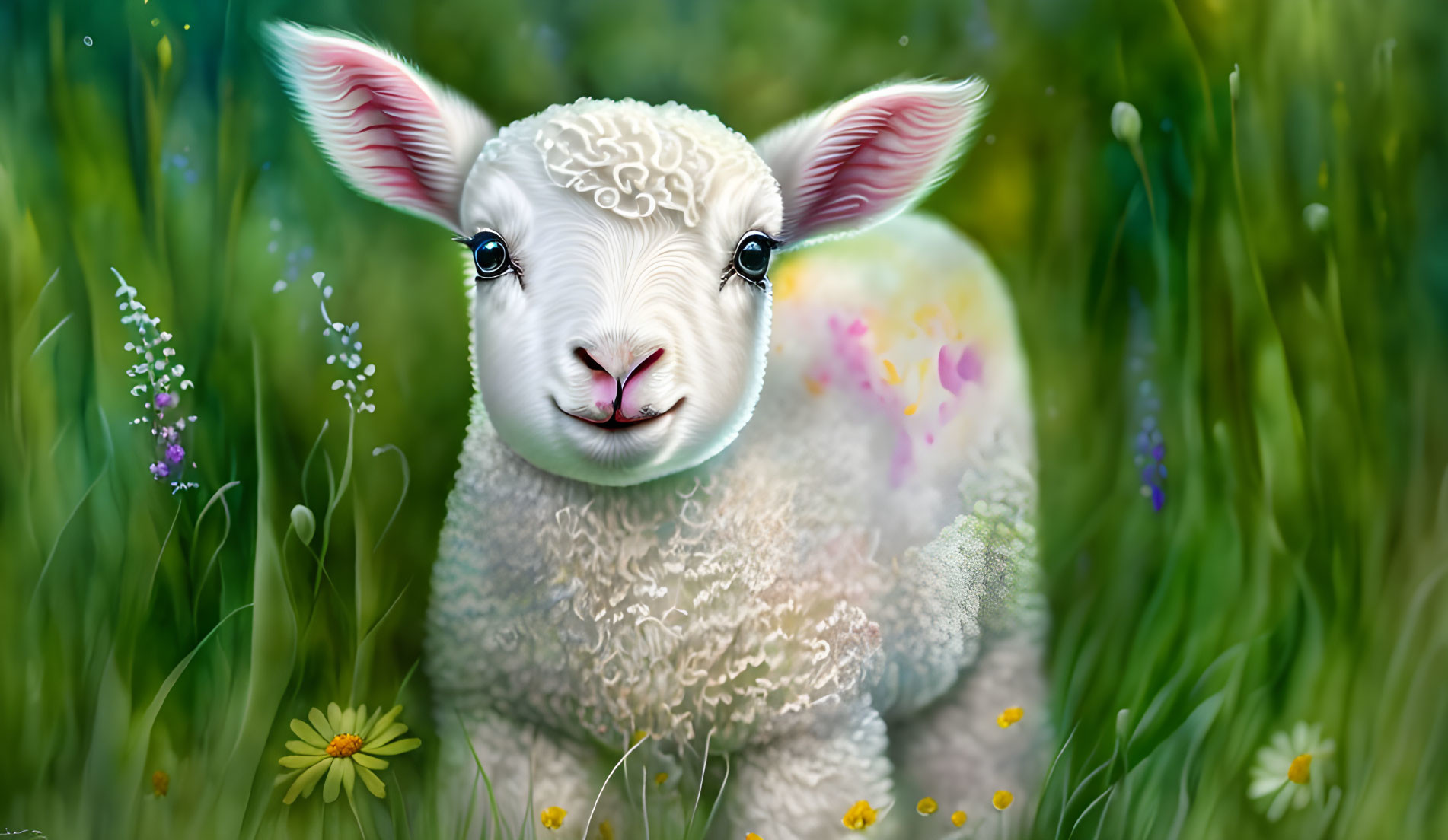 Fluffy lamb surrounded by greenery and flowers