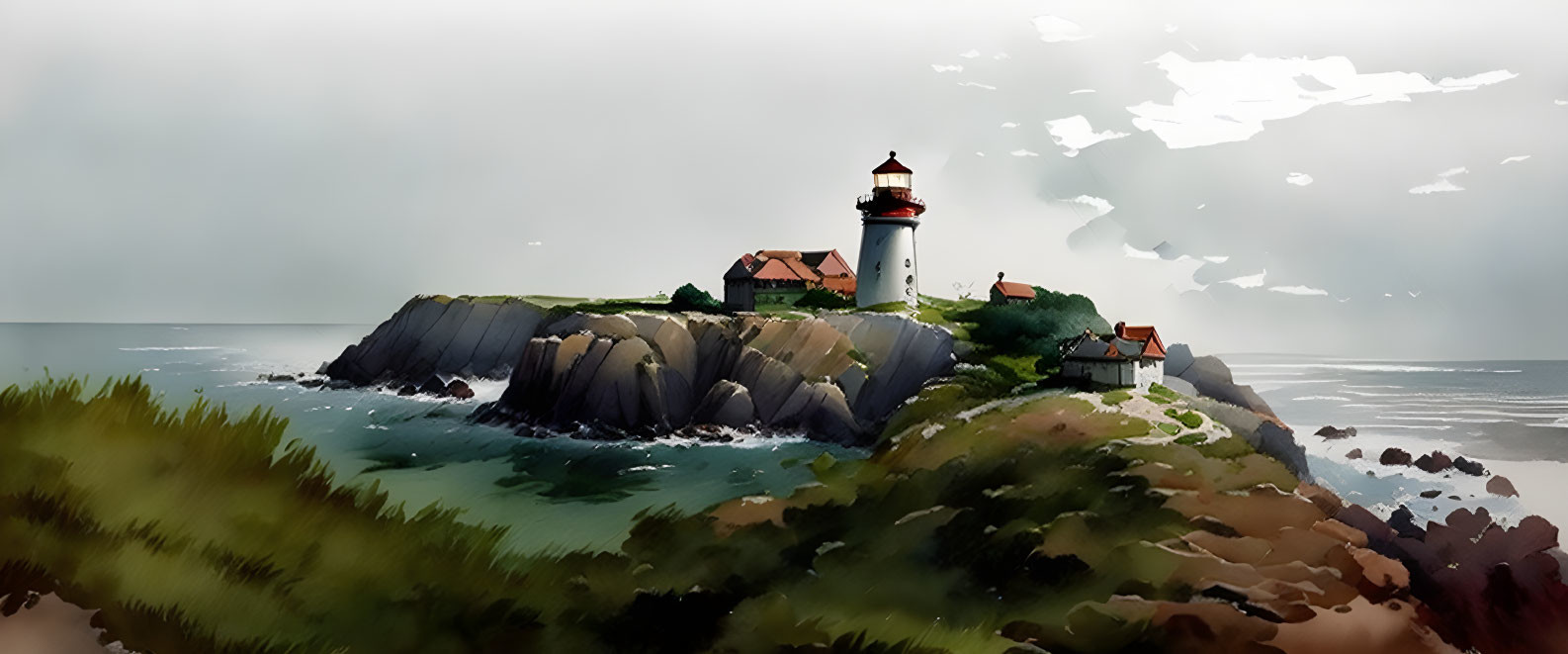 Tranquil painting: lighthouse on rocky cliffs with cottage, cloudy sky, serene ocean